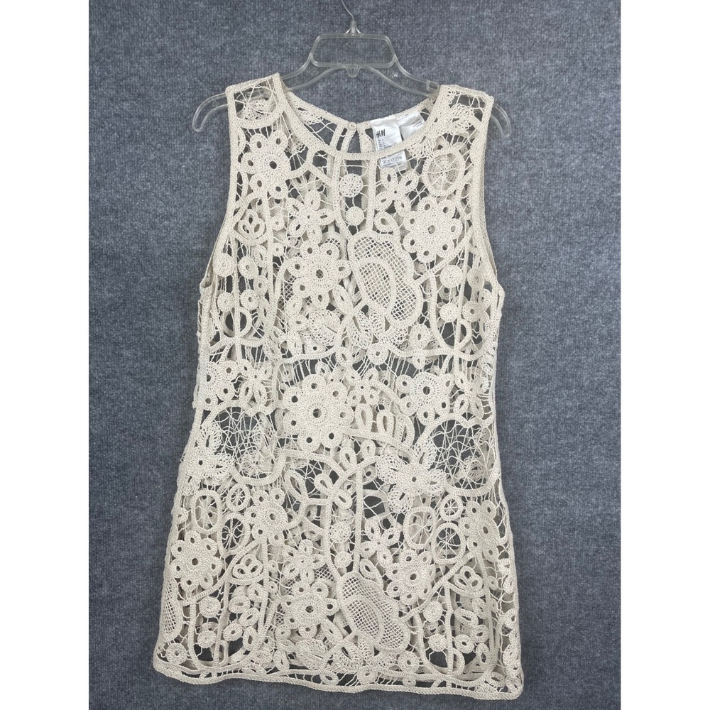 H&M Crochet Lace Tank Top Women L Cream Excellent Sleeveless Floral Boho Coverup